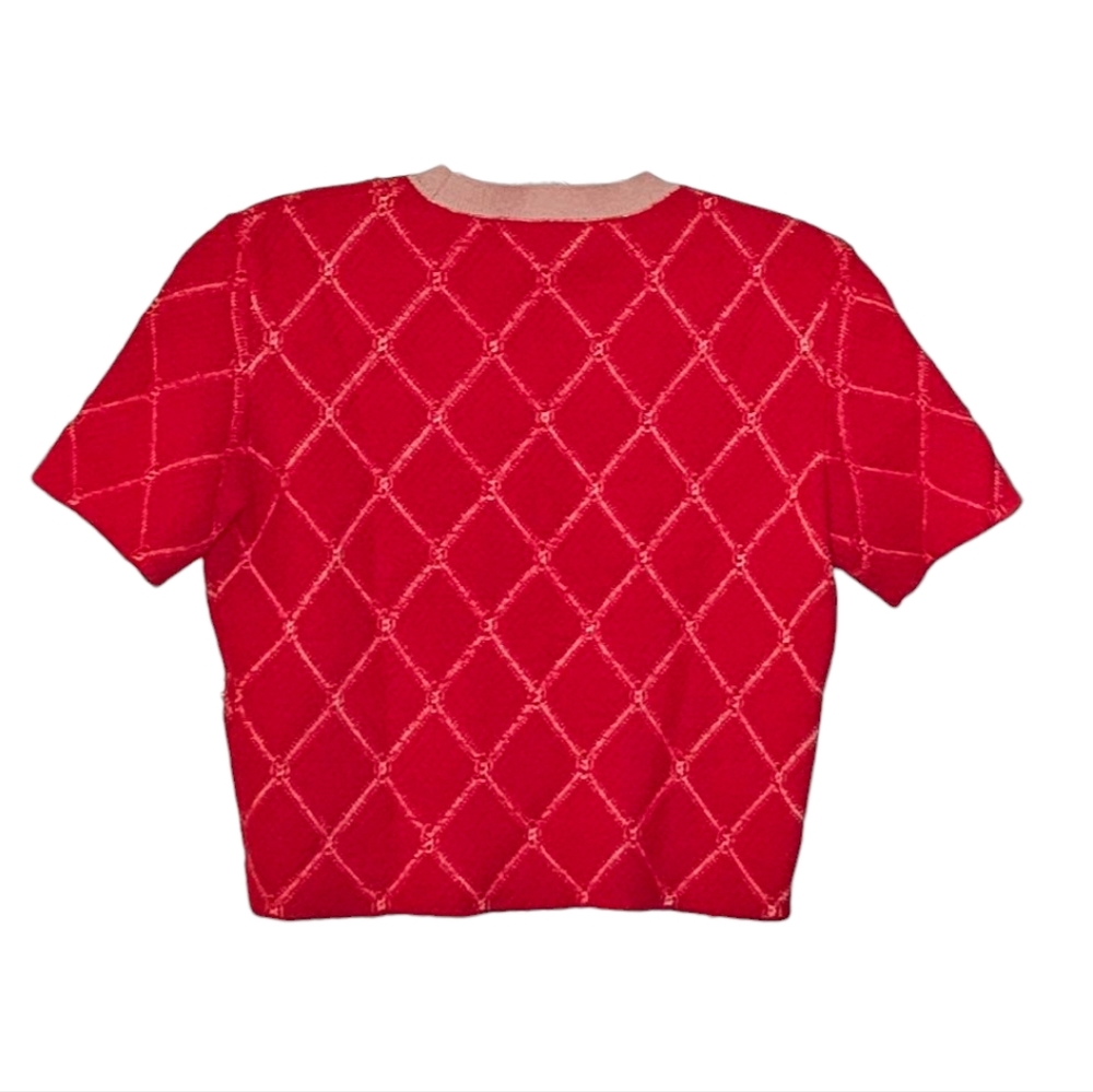 Maje Red Pink Diamond Fleece Quilt Short Sleeve Crop Top w Rhinestones size 1 - Picture 4 of 11